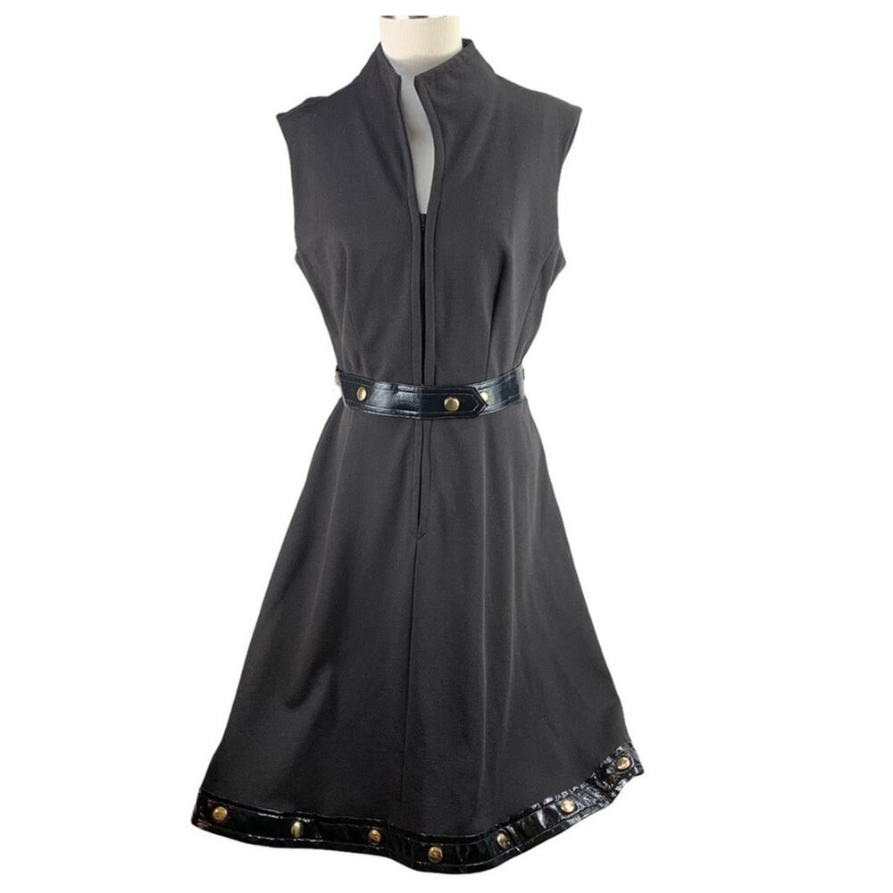 VINTAGE '60s ILGWU 12 L  Black Retro Mod Belted Studded Sleeveless Dress Mini
